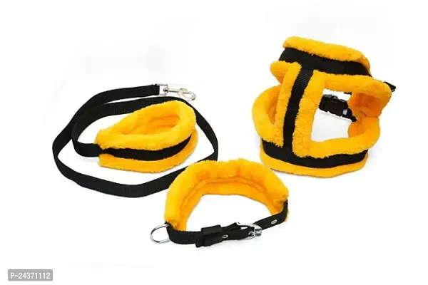 Fur Padded Nylon Dog Body Belt Dog Belt Dog Leash XXX-Large (Neck Size - 32-41 inch) (Chest Size -37-53 inch) Combo Harness Collar Leash pack 3 Yellow