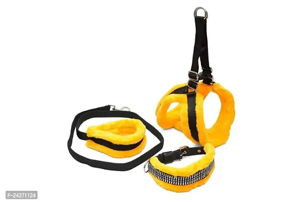 Fur Padded Nylon Dog Body Belt Dog Belt Dog Leash XX-Large (Neck Size - 28-36 inch) (Chest Size - 32-48 inch) Combo Harness Collar Leash pack 3 Yellow