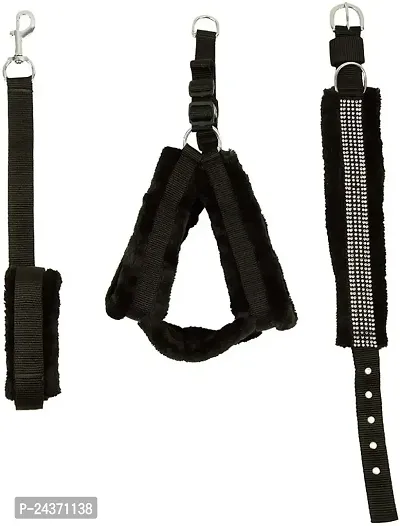 Fur Padded Nylon Dog Body Belt Dog Belt  Dog Leash Medium (Neck Size - 16-25 inch) (Chest Size - 18-28 inch) Combo Harness Collar Leash pack 3 Black-thumb0