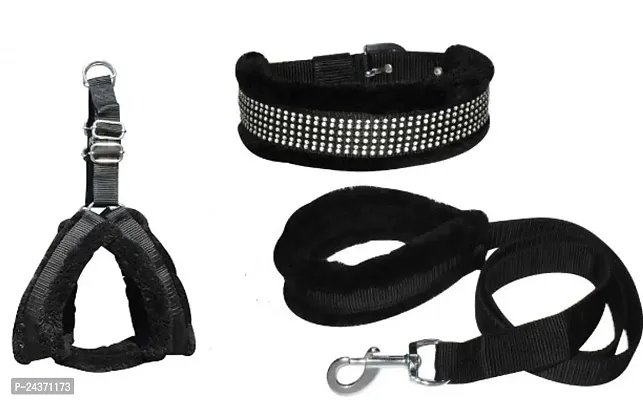 Fur Padded Nylon Dog Body Belt Dog Belt  Dog Leash Medium (Neck Size - 16-25 inch) (Chest Size - 18-28 inch) Combo Harness Collar Leash pack 3 Black