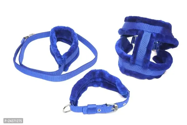 Fur Padded Nylon Dog Body Belt Dog Belt  Dog Leash Medium (Neck Size - 16-25 inch) (Chest Size - 18-28 inch) Combo Harness Collar Leash pack 3 Blue