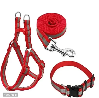 Padded Nylon Dog Body Belt Dog Belt  Dog Leash Medium (Neck Size - 16-25 inch) (Chest Size - 18-28 inch) Combo Harness Collar Leash pack 3 Red