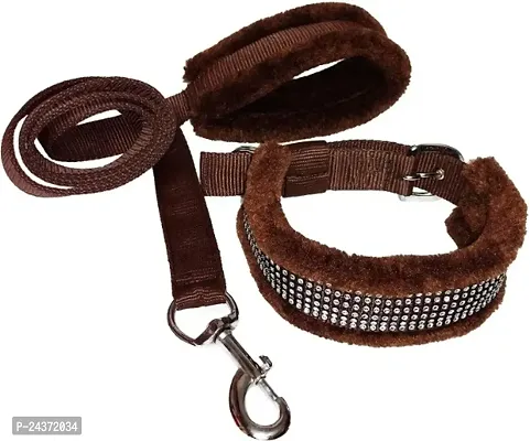 Fur Padded Nylon Dog Body Belt Dog Belt  Dog Leash Medium (Neck Size - 16-25 inch) (Chest Size - 18-28 inch) Combo Harness Collar Leash pack 3 Brown