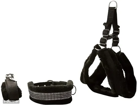 Fur Padded Nylon Dog Body Belt Dog Belt Dog Leash Small (Neck Size - 12-20 inch) (Chest Size - 16-22 inch) Combo Harness Collar Leash pack 3 Black-thumb0