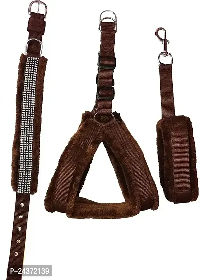 Fur Padded Nylon Dog Body Belt Dog Belt Dog Leash Small (Neck Size - 12-20 inch) (Chest Size - 16-22 inch) Combo Harness Collar Leash pack 3 brown