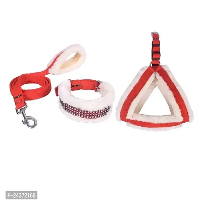 Fur Padded Nylon Dog Body Belt Dog Belt  Dog Leash Medium (Neck Size - 16-25 inch) (Chest Size - 18-28 inch) Combo Harness Collar Leash pack 3 Red-thumb0