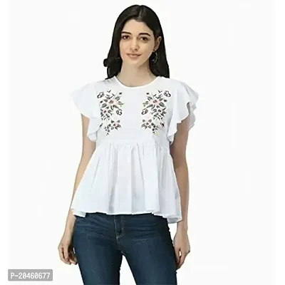 Mudgal India Creations Women's Cotton Embroidered Regular Fit Top Short Sleeve (White, Small)-thumb1