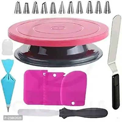 Combo of Cake Making Turn Table, 12 Pieces of Cake Decorating Frosting Nozzle Set, 3 in 1 Multi-Function Stainless Steel Cake Icing Spatula Knife Set, 3 Pieces of ough Scrapper-thumb0