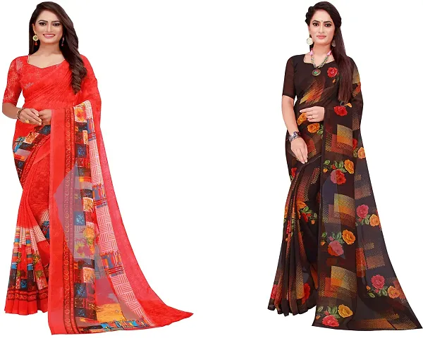 Stylish Fancy Georgette Saree With Blouse Piece Combo For Women Pack Of 2