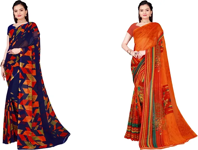 Elegant Floral Print Daily Wear Georgette Women Saree With Blouse Piece -Pack Of 2