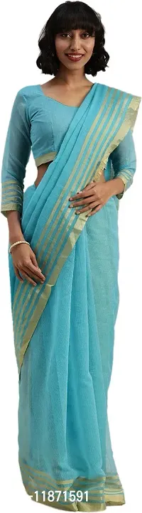 Stylish Fancy Cotton Blend Saree With Blouse Piece For Women Pack Of 1