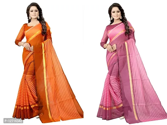 Stylish Fancy Cotton Silk Saree With Blouse Piece For Women Pack Of 2-thumb0