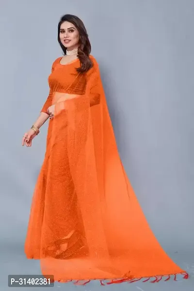 Stylish Orange Net Saree with Blouse piece For Women-thumb0