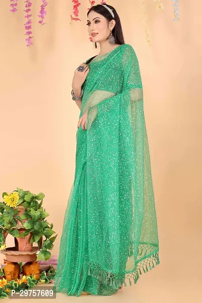 Stylish Green Net Printed Saree with Blouse piece For Women-thumb2