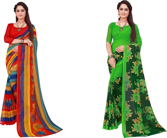 Elegant Daily Wear Georgette Women Saree With Blouse Piece -Pack Of 2