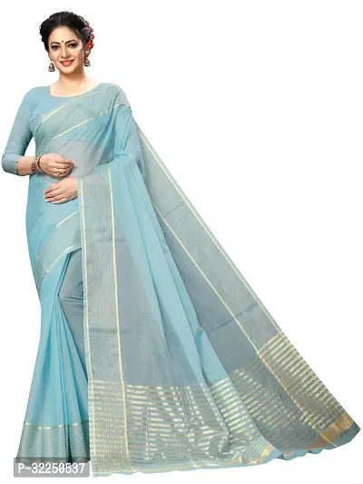 Stylish Blue Cotton Silk Solid Saree with Blouse piece For Women