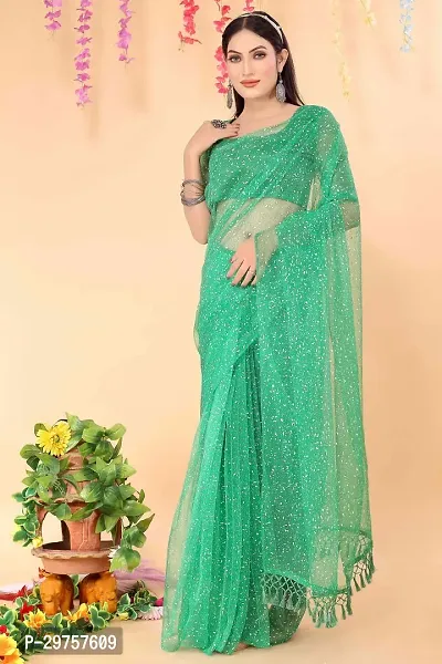 Stylish Green Net Printed Saree with Blouse piece For Women