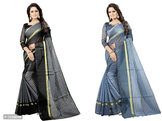 Women  Cotton Silk Striped Daily Wear Saree With Blouse-thumb0