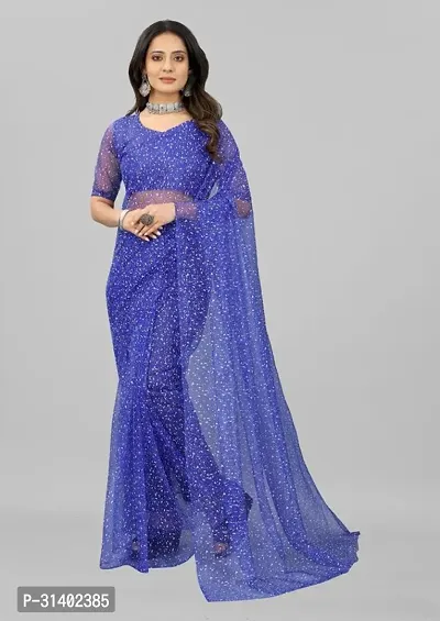 Stylish Royal Blue Net Saree with Blouse piece For Women-thumb0