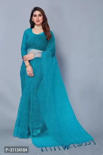 Elegant Turquoise Net Saree with Blouse piece For Women-thumb0