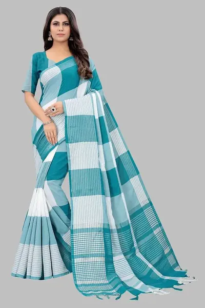 Multicolored Linen Blend Checked Sarees with Blouse piece