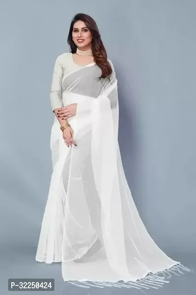 Stylish White Net Solid Saree with Blouse piece For Women