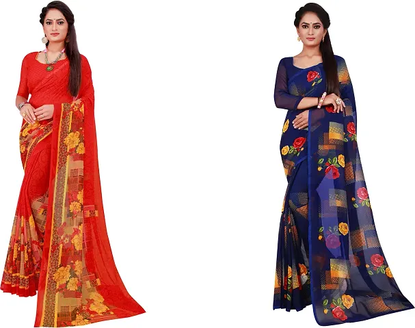 Stylish Fancy Georgette Saree With Blouse Piece Combo For Women Pack Of 2