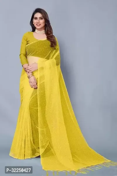 Stylish Yellow Net Solid Saree with Blouse piece For Women