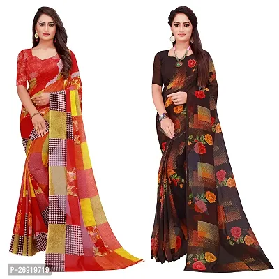 Elegant Georgette Printed Women Saree with Blouse piece-Pack Of 2-thumb0