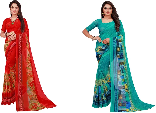 Stylish Fancy Georgette Saree With Blouse Piece Combo For Women Pack Of 2