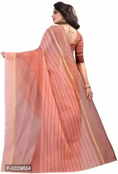 Stylish Peach Cotton Silk Striped Saree with Blouse piece For Women-thumb3