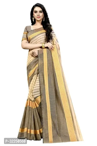 Stylish Beige Cotton Silk Striped Saree with Blouse piece For Women-thumb0