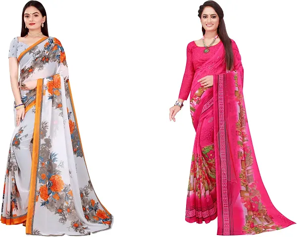 Stylish Fancy Georgette Saree With Blouse Piece Combo For Women Pack Of 2