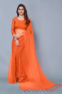 Stylish Orange Net Saree with Blouse piece For Women-thumb1