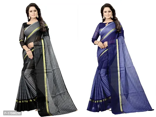 Women Stylish Cotton Silk Striped Saree with Blouse piece-thumb0