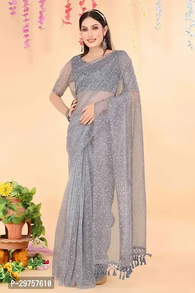 Stylish Grey Net Printed Saree with Blouse piece For Women-thumb0