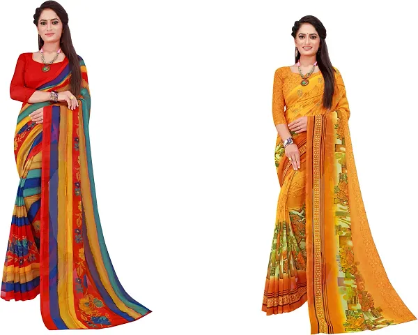 Stylish Fancy Georgette Saree With Blouse Piece Combo For Women Pack Of 2