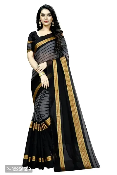 Stylish Black Cotton Silk Striped Saree with Blouse piece For Women-thumb0