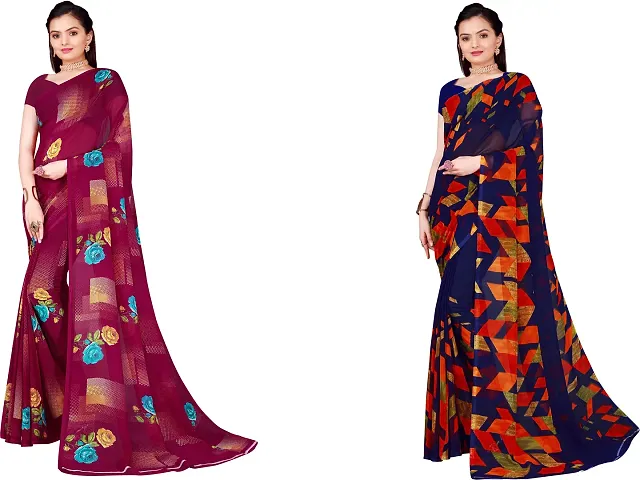 Elegant Geometric Print Daily Wear Georgette Women Saree With Blouse Piece -Pack Of 2