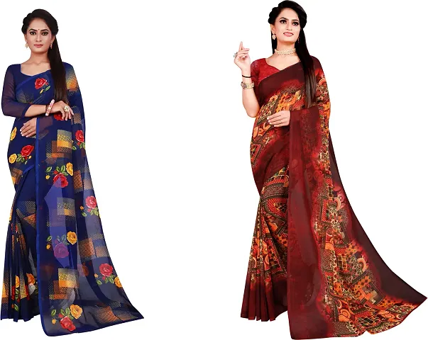 Stylish Fancy Georgette Saree With Blouse Piece Combo For Women Pack Of 2