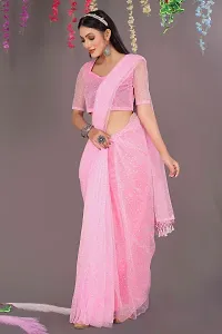 Stylish Pink Net Printed Saree with Blouse piece For Women-thumb3