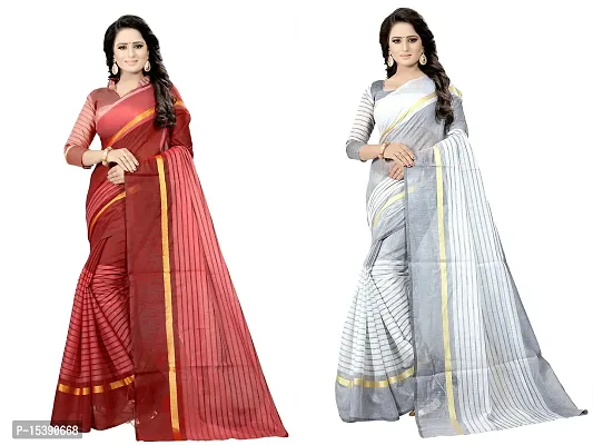 Women  Cotton Silk Striped Daily Wear Saree With Blouse-thumb0