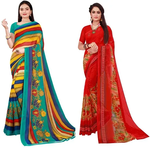 Stylish Fancy Georgette Saree With Blouse Piece Combo For Women Pack Of 2