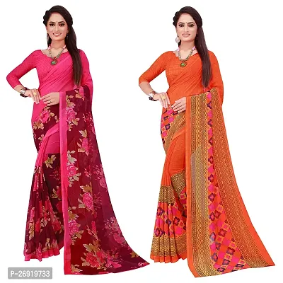 Elegant Georgette Printed Women Saree with Blouse piece-Pack Of 2-thumb0