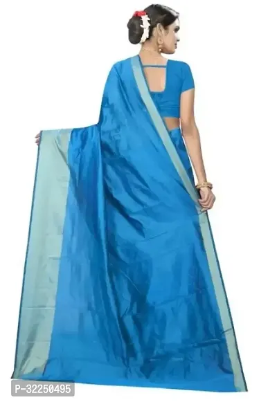 Stylish Turquoise Cotton Silk Solid Saree with Blouse piece For Women-thumb2