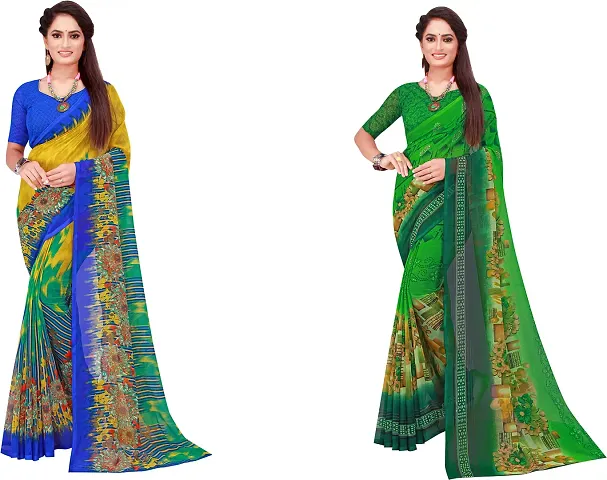 Stylish Fancy Georgette Saree With Blouse Piece Combo For Women Pack Of 2