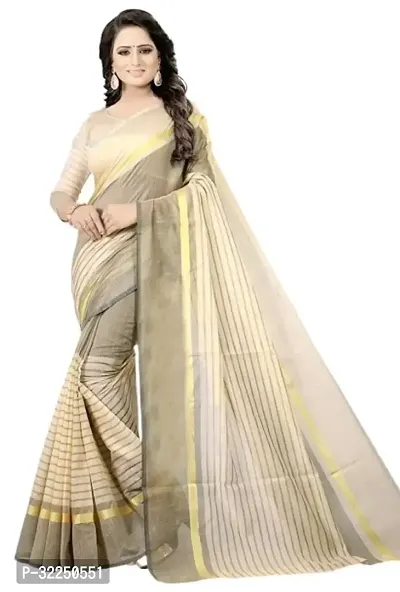 Stylish Beige Cotton Silk Striped Saree with Blouse piece For Women