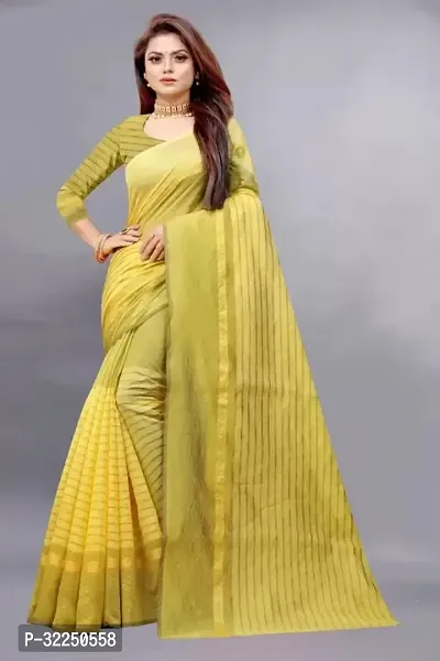 Stylish Yellow Cotton Silk Striped Saree with Blouse piece For Women-thumb0