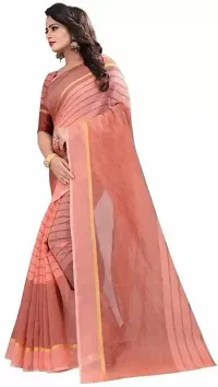 Stylish Peach Cotton Silk Striped Saree with Blouse piece For Women-thumb1