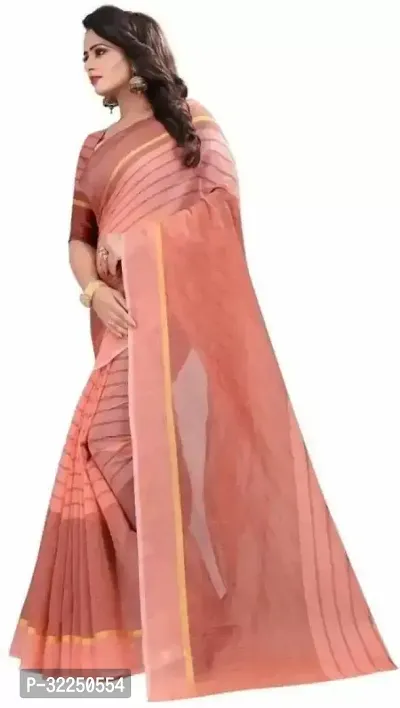 Stylish Peach Cotton Silk Striped Saree with Blouse piece For Women-thumb2